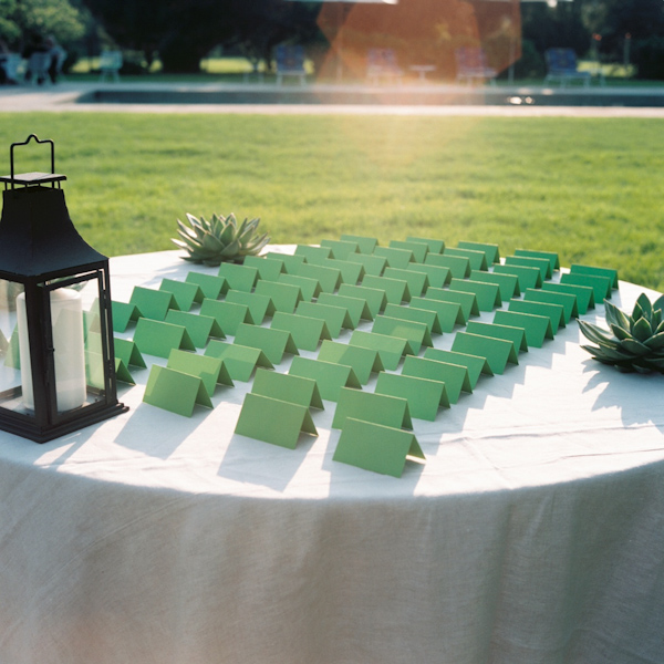 photo by New York City based wedding photographer Karen Hill - outdoor reception - green seating cards detail image